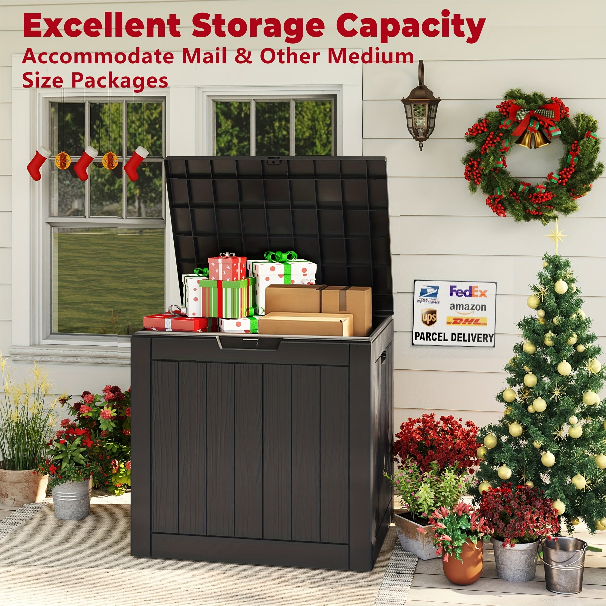 35 Gallon Outdoor Storage Deck Box – UV & Waterproof Lockable Resin Organizer for Patio Furniture, Garden Tools & Toys | Wood Grain & Rattan Style, Indoor Outdoor Use
