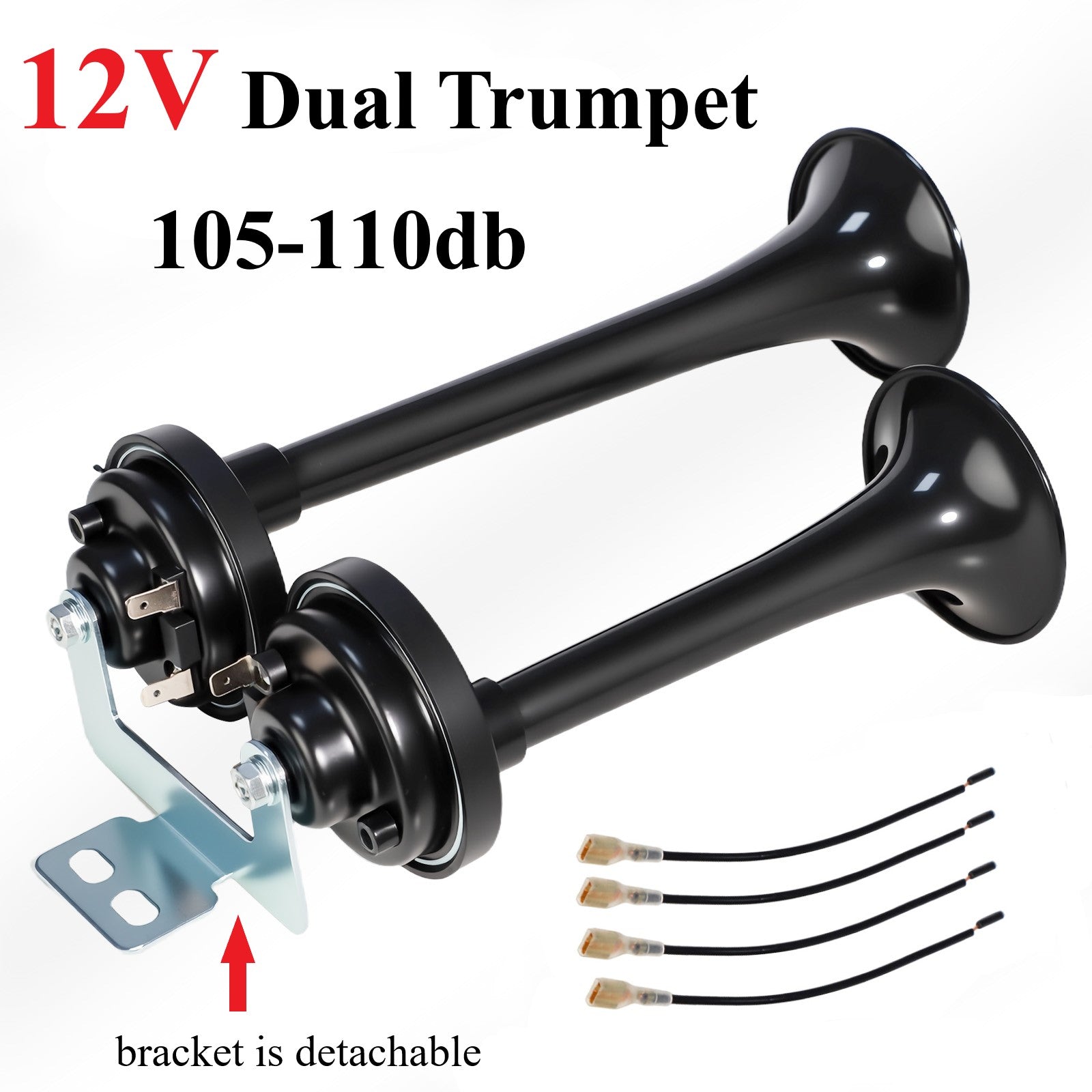 Air Horn Kit 12V 24V Ultra Loud 105-137dB Dual Trumpet Horn with Air Compressor for Truck SUV Motorcycle Boat Train Car Pickup Aluminum Alloy Universal