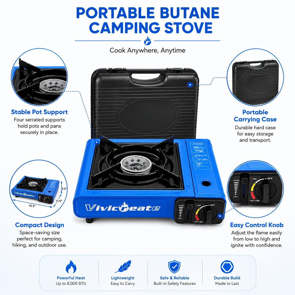 Portable Butane Camping Stove 8500 BTU – Compact Outdoor Burner for Cooking, Hiking, Backpacking, Emergency Survival Gear, Windproof Camp Stove