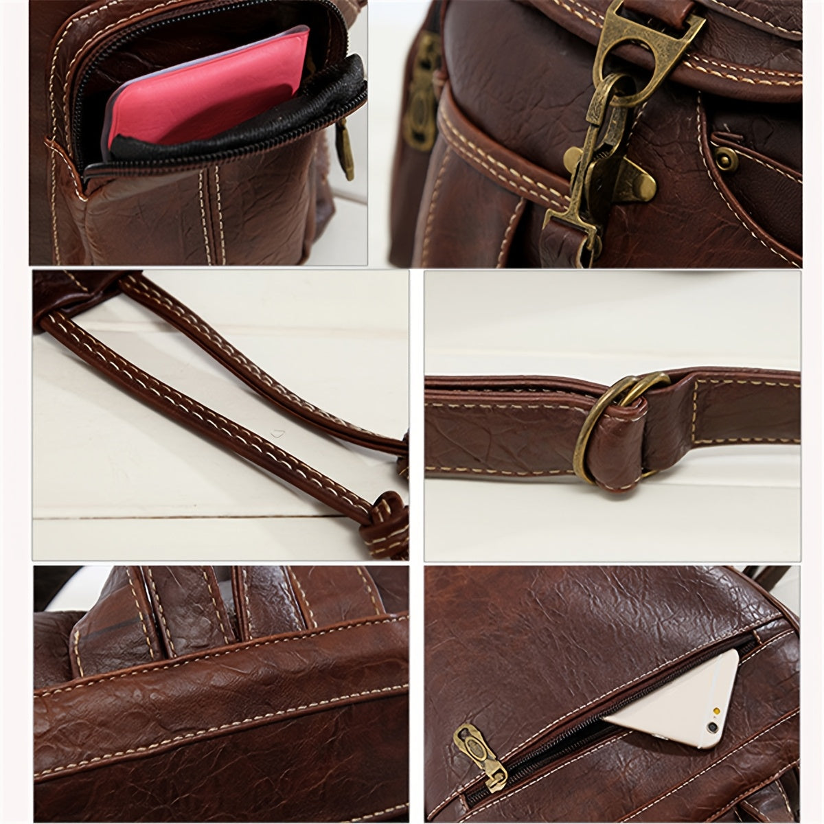 Vintage PU Leather Backpack for Women Men Water Resistant Geometric Pattern Rucksack Convertible Shoulder Bag Satchel with Zipper Multi-Pocket for School Travel Daily Use
