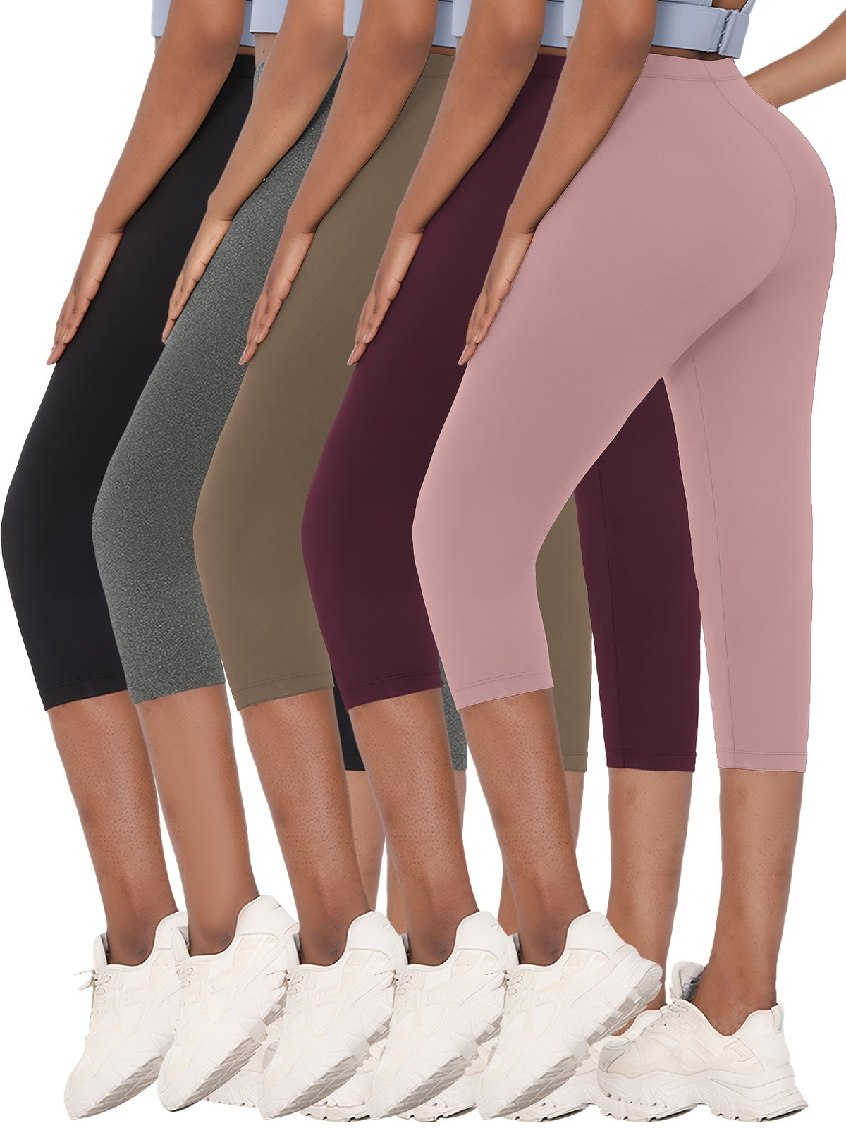 5-Pack Women's Capri Workout Leggings High-Waist – Opaque Non-See-Through 7/8 Yoga Pants, High-Elastic Polyester, Gym Running Athletic, XS-XXL