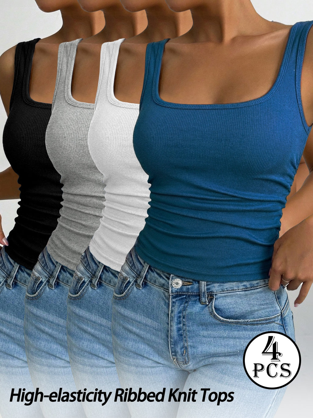 Women's Sleeveless Tank Top 4 Pack Fitted Crew Neck Pullover High Stretch Casual Bottoming Shirt Spring Summer Outdoor Mixed Colors S-XXL