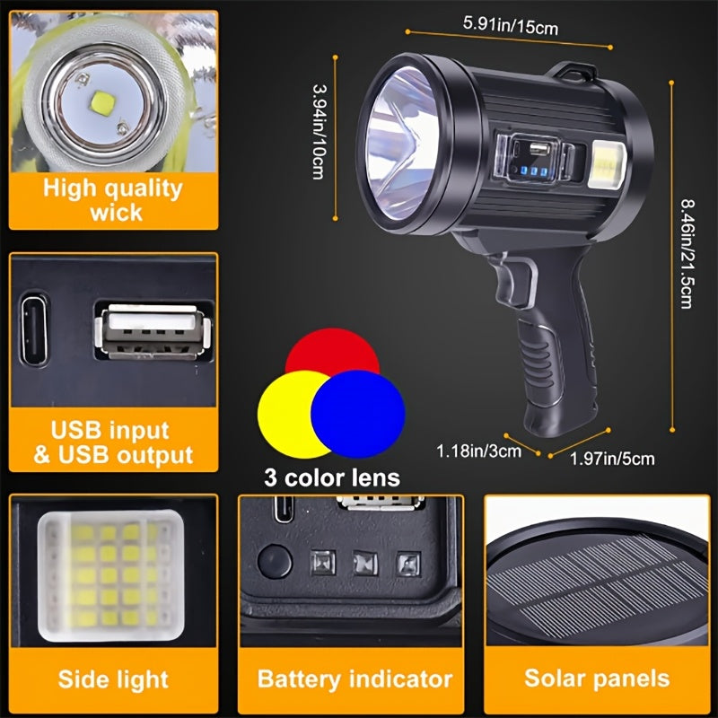 LED Rechargeable Flashlight – 6 Modes, 3 Color Filters, USB & Solar Charging, IPX4 Waterproof for Hunting, Camping, Boating & Hiking | Tactical Outdoor Torch