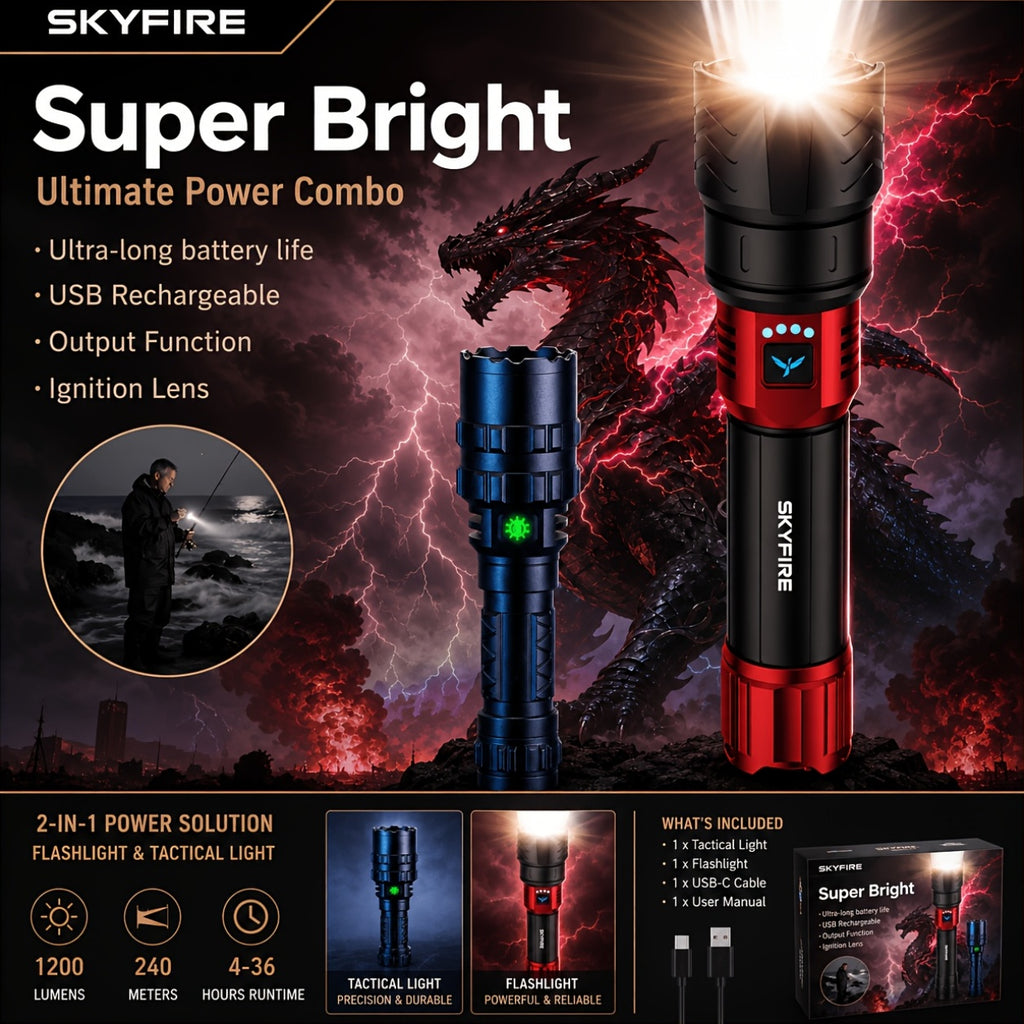 LED Flashlight 5000+ Lumen Super Bright Rechargeable with Ignition Lens Adjustable Focus 4 Modes for Camping Outdoor Farm Emergency Family Use