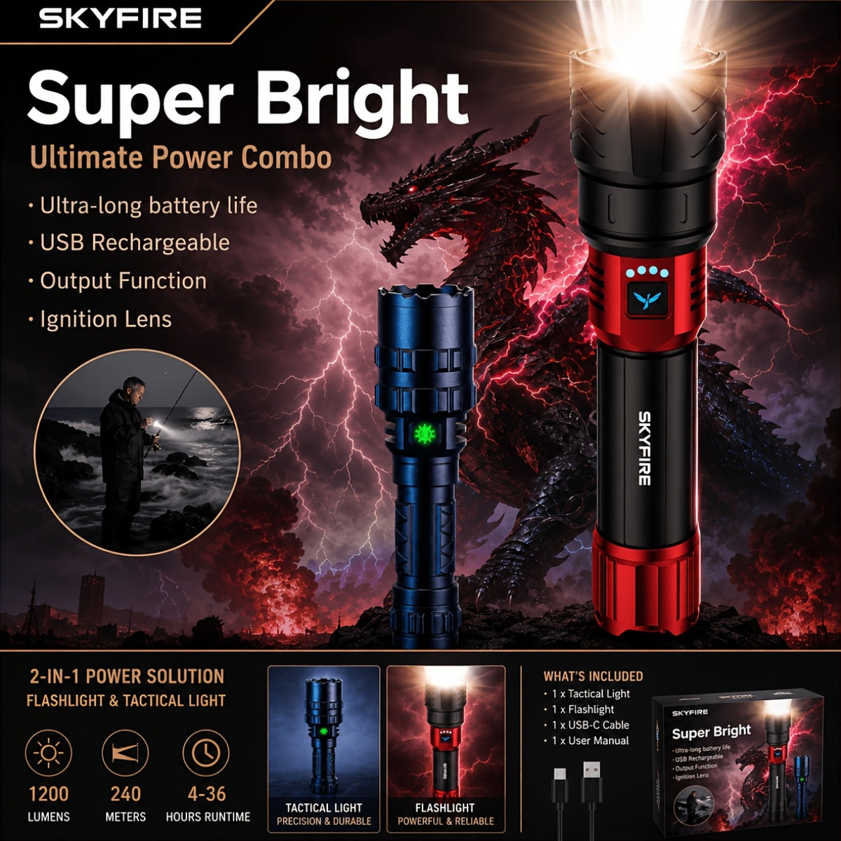 LED Flashlight 5000+ Lumen Super Bright Rechargeable with Ignition Lens Adjustable Focus 4 Modes for Camping Outdoor Farm Emergency Family Use