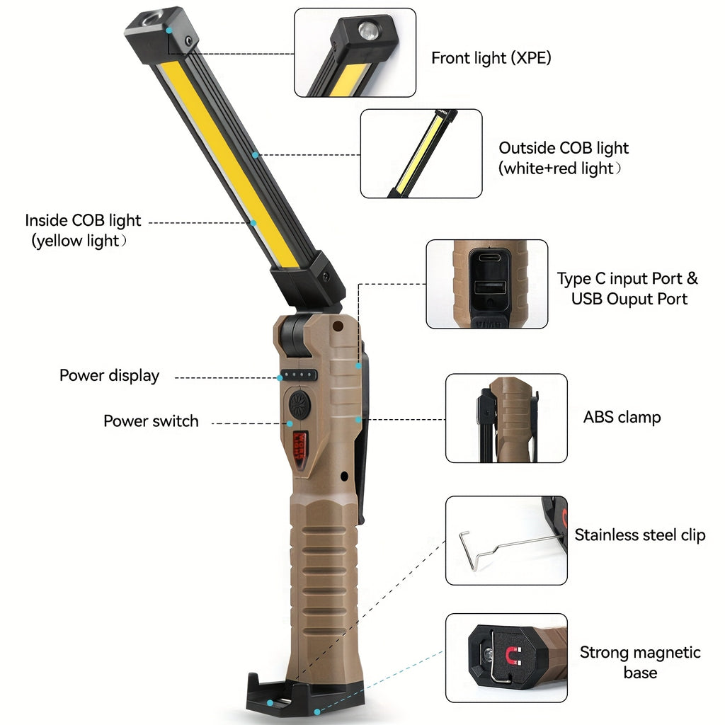 COB LED Rechargeable Work Light 1000 Lumens Portable Hanging Camping Lamp – 5 Brightness Modes 200M Beam Built-In Battery 2-10 Pack