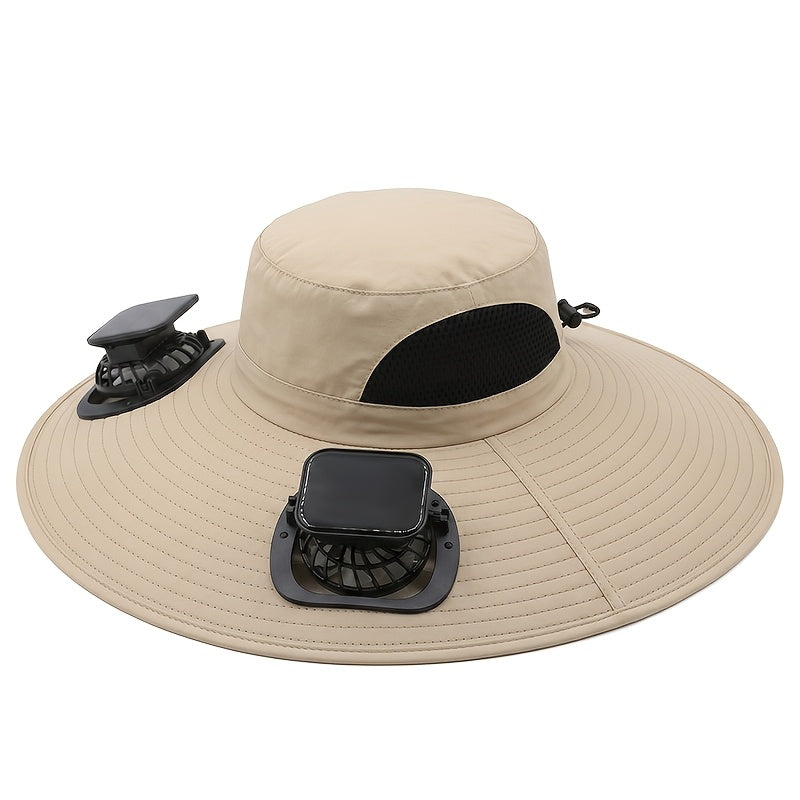 Wide Brim Outdoor Hat Solar Fan USB Rechargeable - Lightweight Sun Hat for Fishing Hiking Mountain Climbing, With or Without Fan, Black Khaki Grey Camo