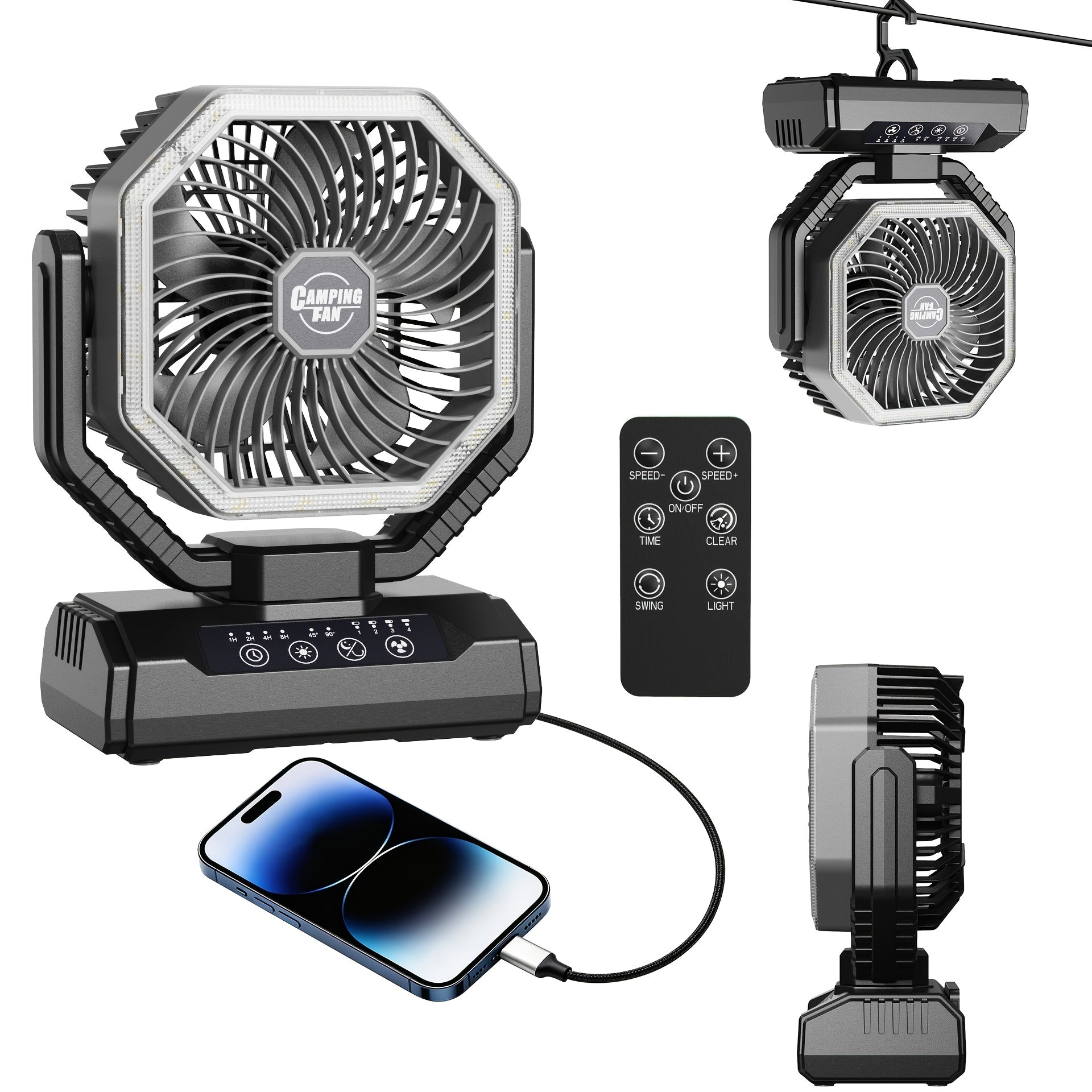 20000mAh Camping Fan with LED Light & Brushless Motor – Portable Outdoor Fan for Camping Hiking Picnic Emergency Use, 4 Speeds, 180° Oscillation, 22-26H Battery Life